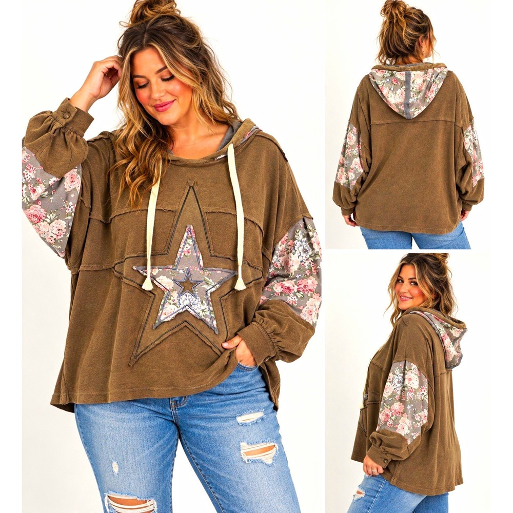 POL Women's L Brown Floral Patchwork Oversized Hoodie Boho Star Appliqué, Cotton
